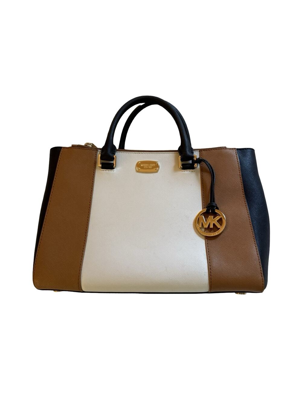 Michael Kors Purse Colorblock Satchel Tote Bag Faux Saffiano Leather MK Charm